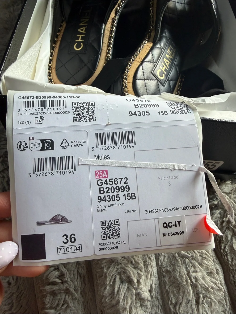 CHANEL Authentic Black Quilted Leather Mules with Gold Chain Trim